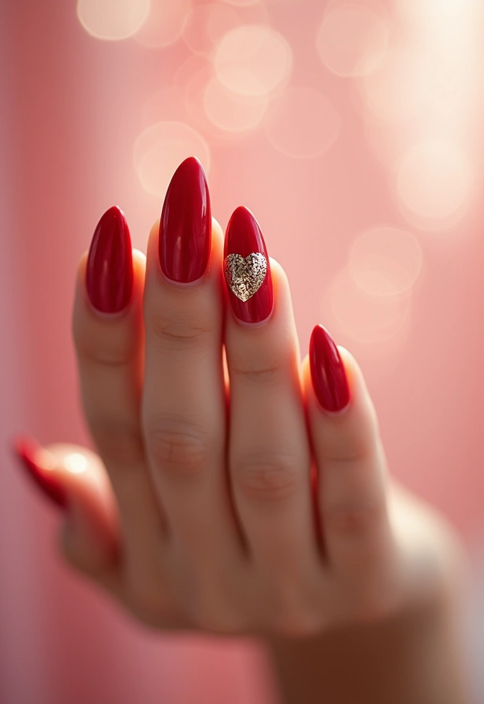 27 Valentine’s Day Nail Ideas with Hearts & Red Hues - 1. Classic Red Manicure with Heart Accents