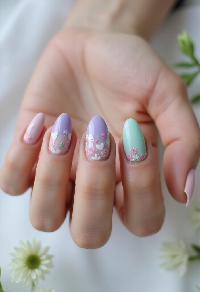 27 Valentine’s Day Nail Ideas with Hearts & Red Hues - 10. Floral Hearts Nail Design