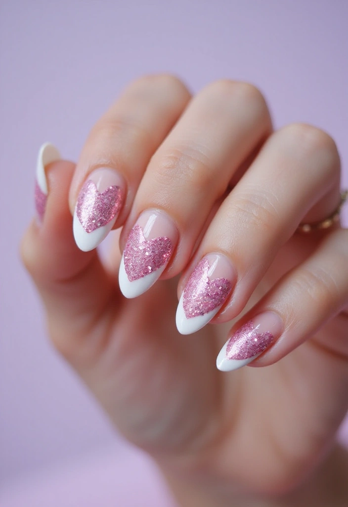 27 Valentine’s Day Nail Ideas with Hearts & Red Hues - 16. Sparkly Heart French Manicure