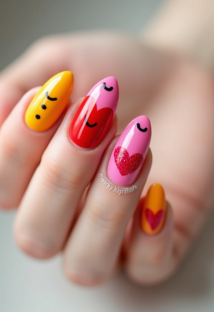 27 Valentine’s Day Nail Ideas with Hearts & Red Hues - 17. Whimsical Cartoon Hearts