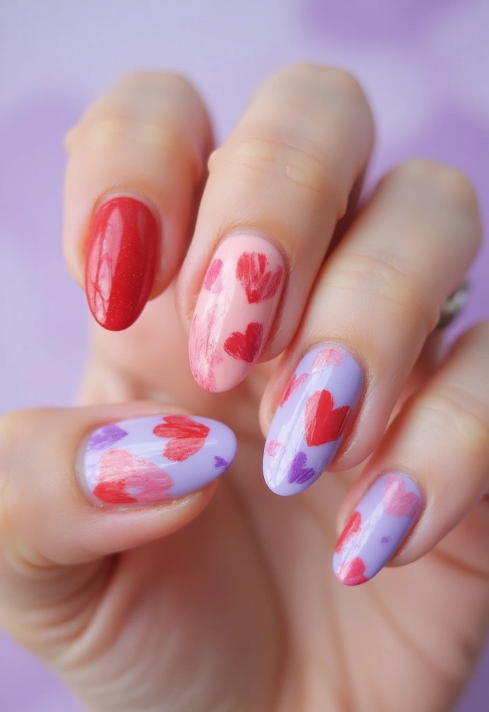 27 Valentine’s Day Nail Ideas with Hearts & Red Hues - 21. Artistic Brush Stroke Hearts