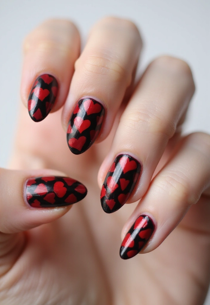 27 Valentine’s Day Nail Ideas with Hearts & Red Hues - 22. Checkerboard Heart Patterns