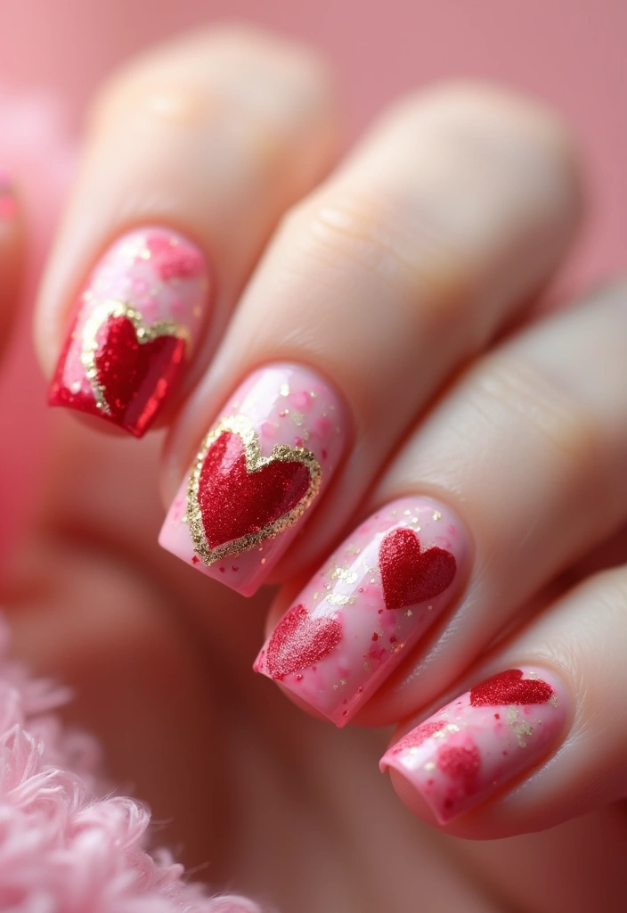 27 Valentine’s Day Nail Ideas with Hearts & Red Hues - 24. Layered Hearts