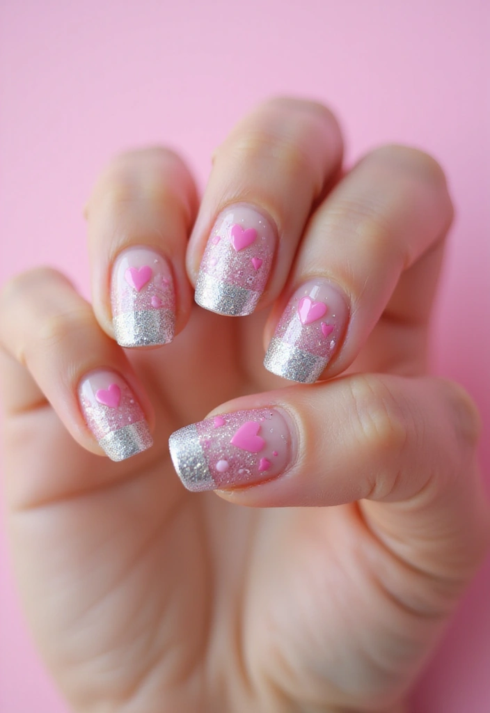 27 Valentine’s Day Nail Ideas with Hearts & Red Hues - 3. Glittery Heart Nail Tips