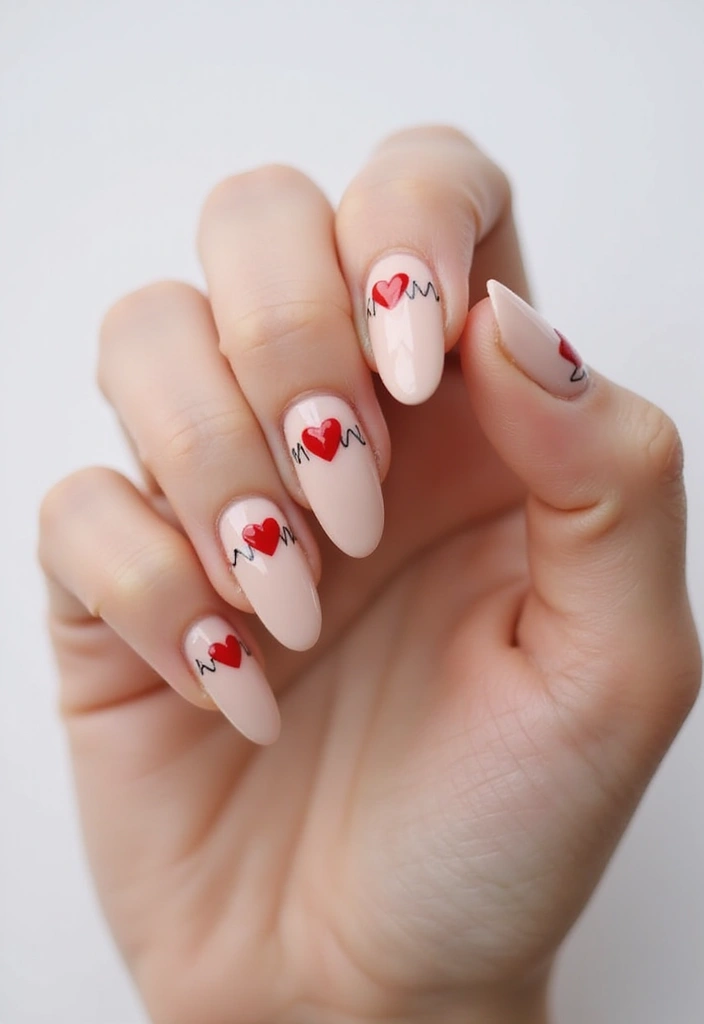 27 Valentine’s Day Nail Ideas with Hearts & Red Hues - 4. Heartbeat Line Nail Design