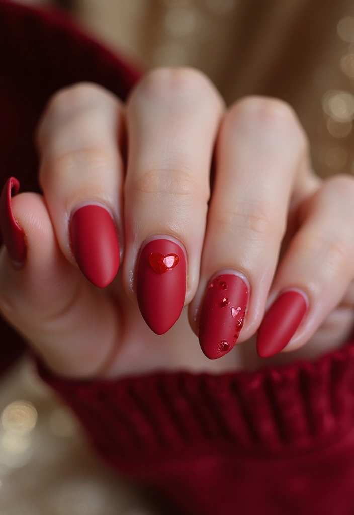 27 Valentine’s Day Nail Ideas with Hearts & Red Hues - 6. Matte Red with Glossy Hearts