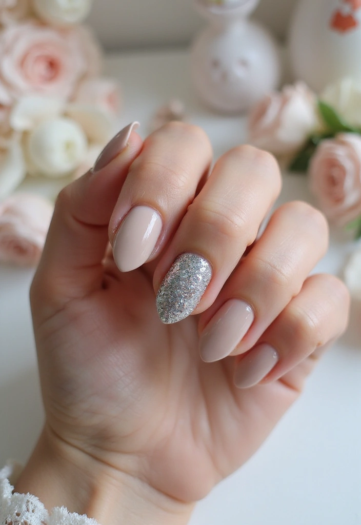 28 Nude Bridal Nails That Complement Every Dress - 20. Accent Glitter Nail