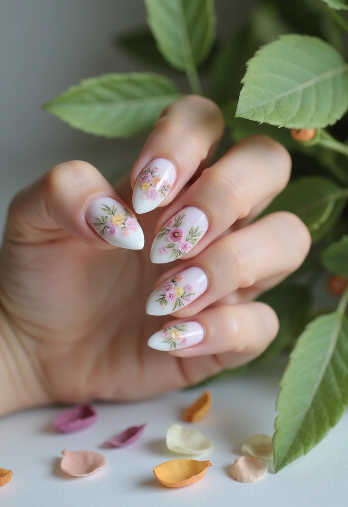 28 Nude Bridal Nails That Complement Every Dress - 21. Seasonal Floral Designs