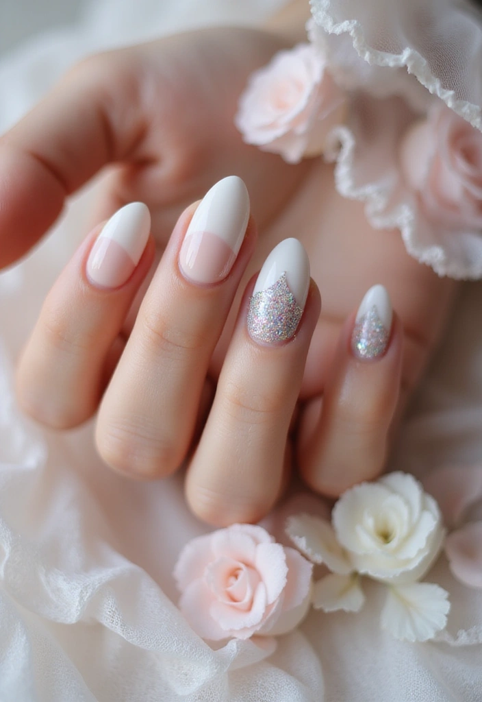 28 Nude Bridal Nails That Complement Every Dress - 22. Glittery Half-Moon Manicure