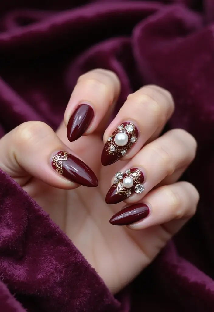 28 Wedding Nail Art with Pearls, Crystals & Delicate Details - 17. Vintage Glam with Pearl and Crystal Details