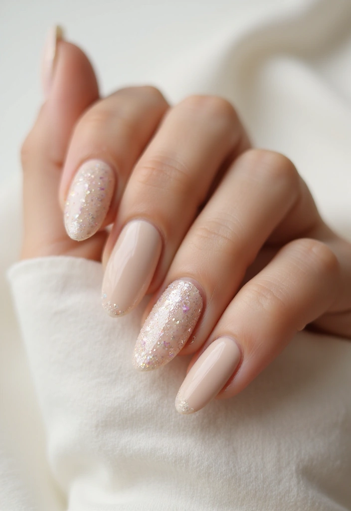 28 Wedding Nail Art with Pearls, Crystals & Delicate Details - 19. Soft Neutral Glitter with Delicate Pearl Work