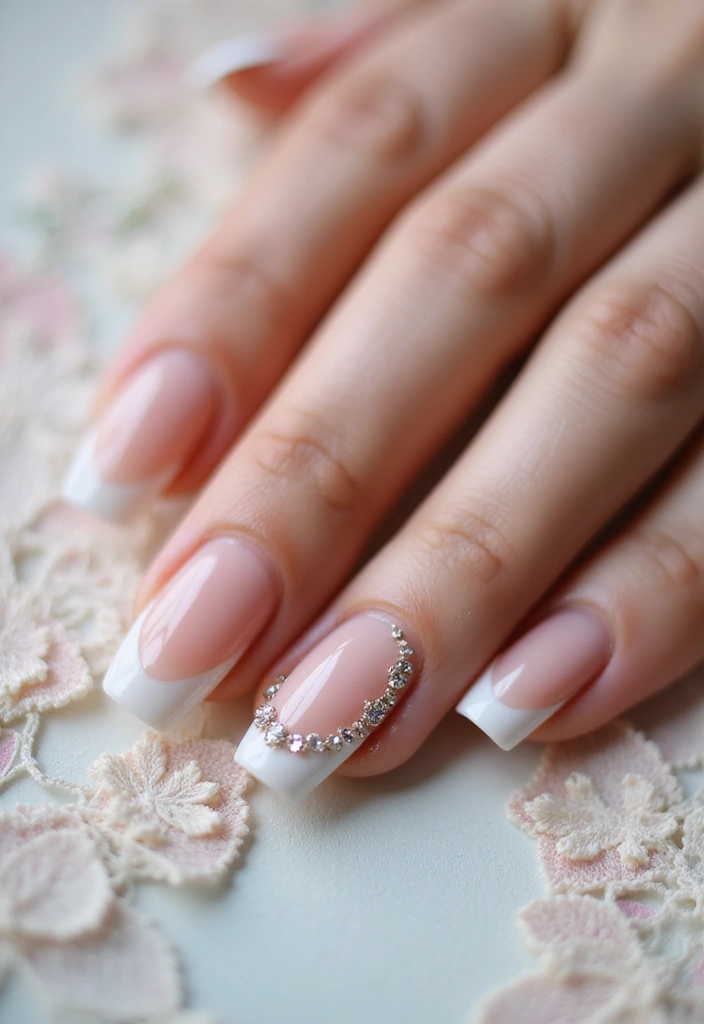 28 Wedding Nail Art with Pearls, Crystals & Delicate Details - 2. Crystal Accents on French Tips