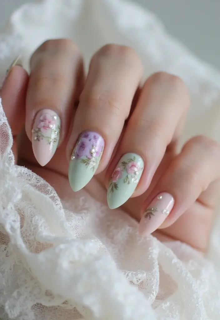 28 Wedding Nail Art with Pearls, Crystals & Delicate Details - 22. Vintage Floral with Pearls