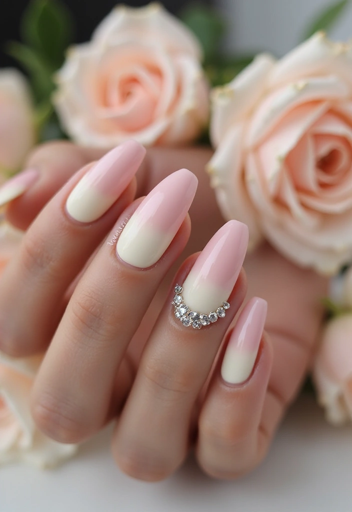 28 Wedding Nail Art with Pearls, Crystals & Delicate Details - 4. Ombre Elegance with Crystal Highlights