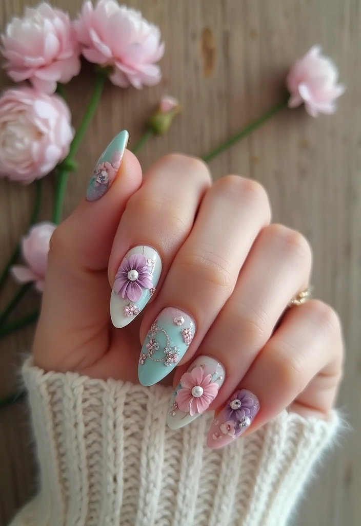 28 Wedding Nail Art with Pearls, Crystals & Delicate Details - 7. Floral 3D Art with Pearls