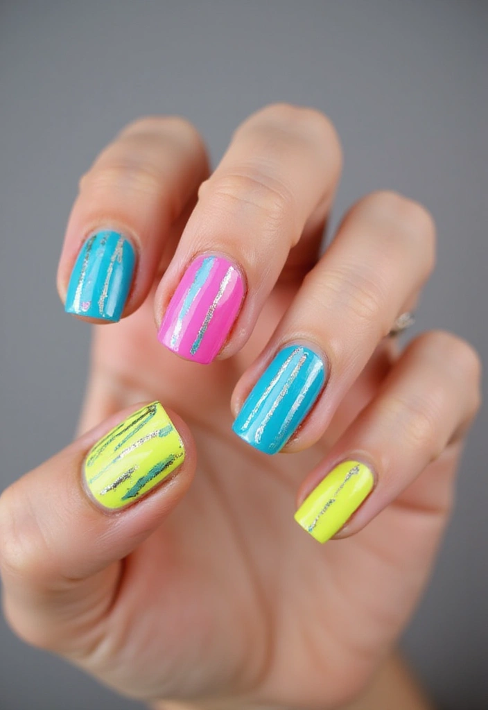 28 Y2K Nails Revival: Chunky Glitter, Rhinestones & Fun Vibes - 18. Funky Stripes
