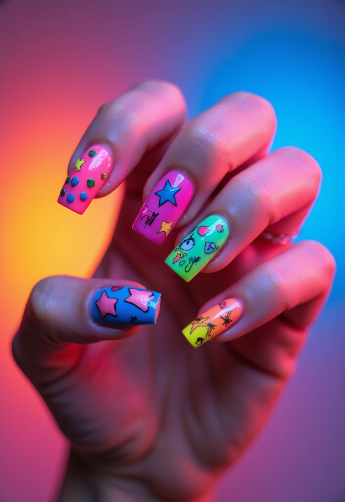 29 Bridesmaid Nails Matching – Coordinated Looks for the Crew - 19. Party-Ready Neon