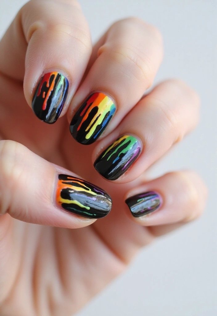 29 E-Girl Nails Featuring Dark Accents and Playful Designs - 14. Rainbow Drips