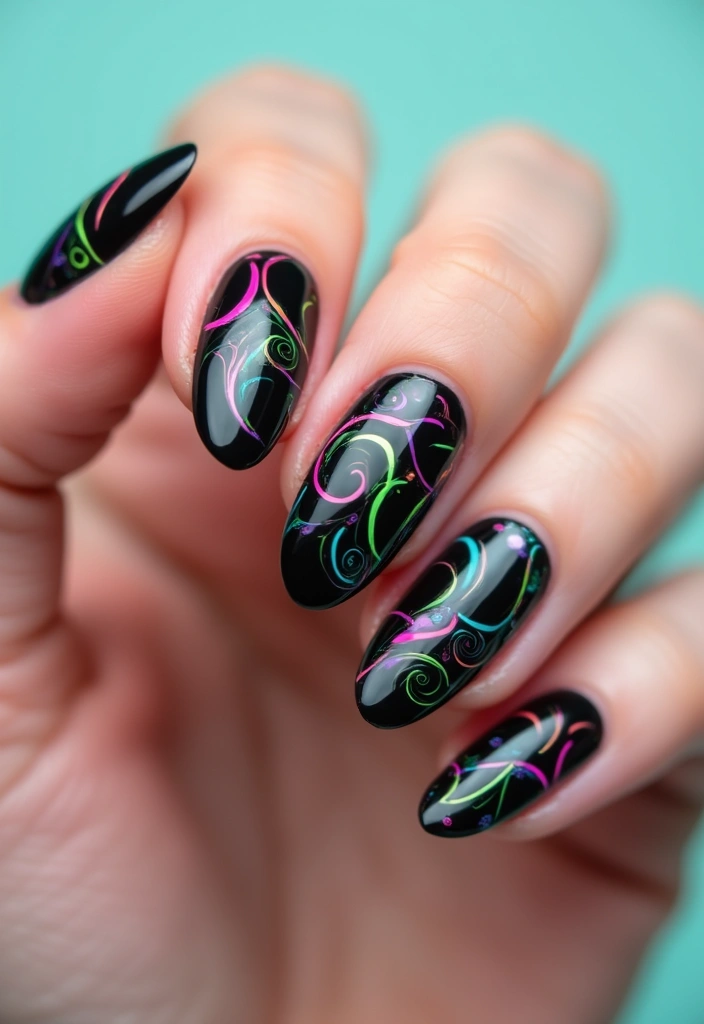 29 E-Girl Nails Featuring Dark Accents and Playful Designs - 2. Neon Swirls