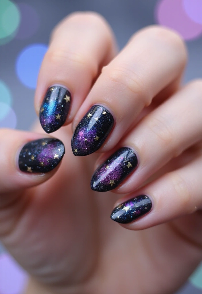 29 E-Girl Nails Featuring Dark Accents and Playful Designs - 26. Dreamy Galaxy Nails