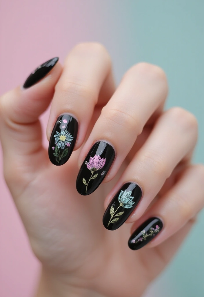 29 E-Girl Nails Featuring Dark Accents and Playful Designs - 5. Dark Floral Designs