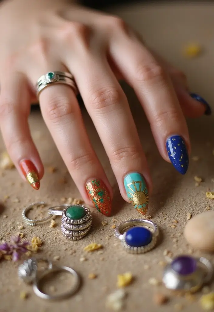 29 Nails with Rings Aesthetic – Styling Tips & Inspiration - 6. Bohemian Vibes
