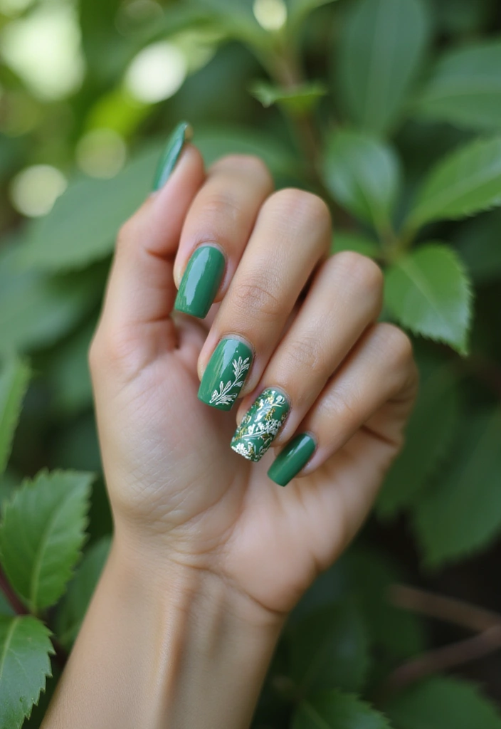 30 Coffin Nails Short – Stylish & Practical for Daily Wear - 2. Nature-Inspired Green Vibes