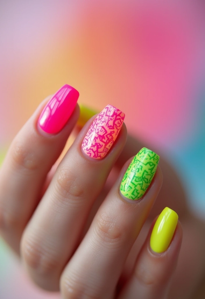 30 Coffin Nails Short – Stylish & Practical for Daily Wear - 25. Daring Neon Brights
