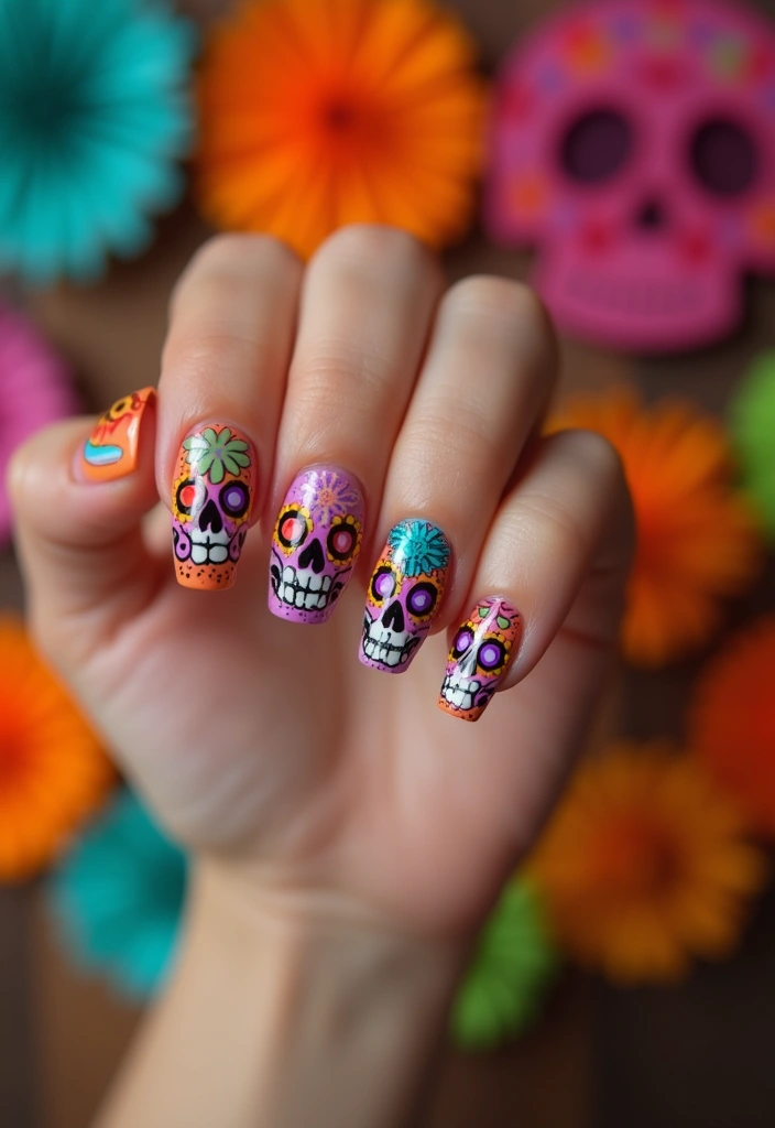 30 Coffin Nails Short – Stylish & Practical for Daily Wear - 30. Sweet Sugar Skull