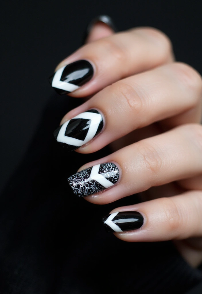 30 Coffin Nails Short – Stylish & Practical for Daily Wear - 4. Bold Black and White Duo