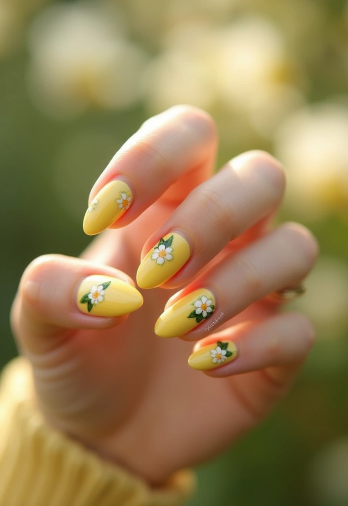 30 Spring Pastel Nails for Fresh, Floral Vibes - 12. Creamy Yellow with Floral Nail Art