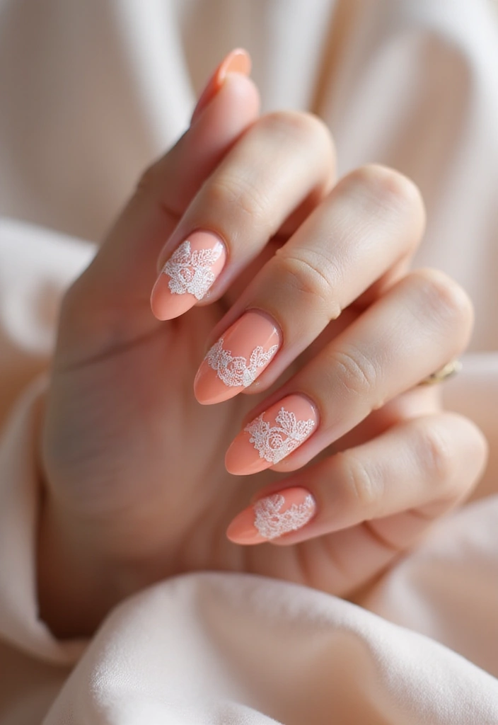 30 Spring Pastel Nails for Fresh, Floral Vibes - 13. Light Coral with Lace Nail Wraps