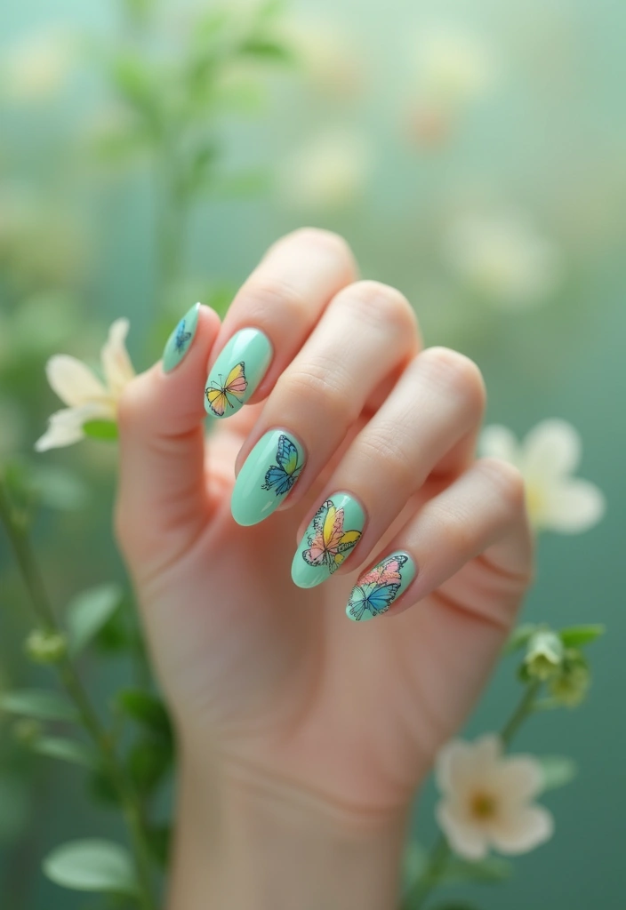 30 Spring Pastel Nails for Fresh, Floral Vibes - 16. Mint Green with Butterfly Designs