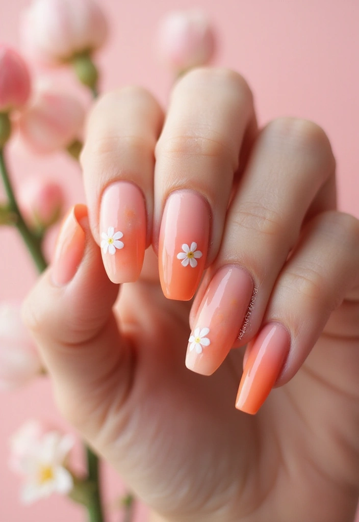 30 Spring Pastel Nails for Fresh, Floral Vibes - 17. Peach Gradient with Tiny Flowers
