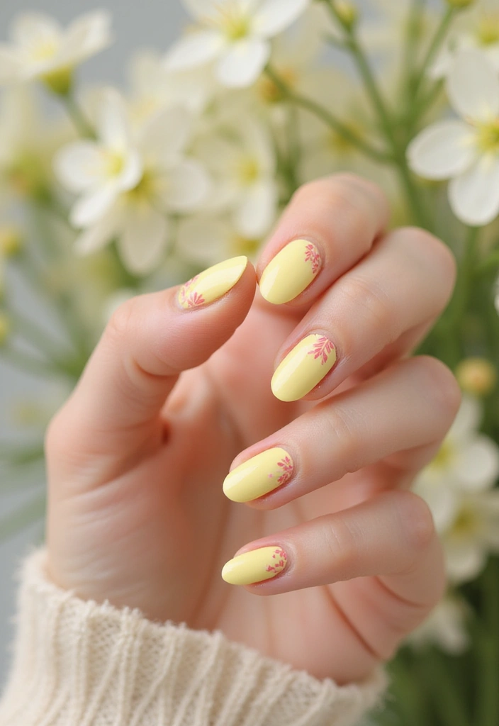 30 Spring Pastel Nails for Fresh, Floral Vibes - 19. Soft Yellow with Pink Flowers