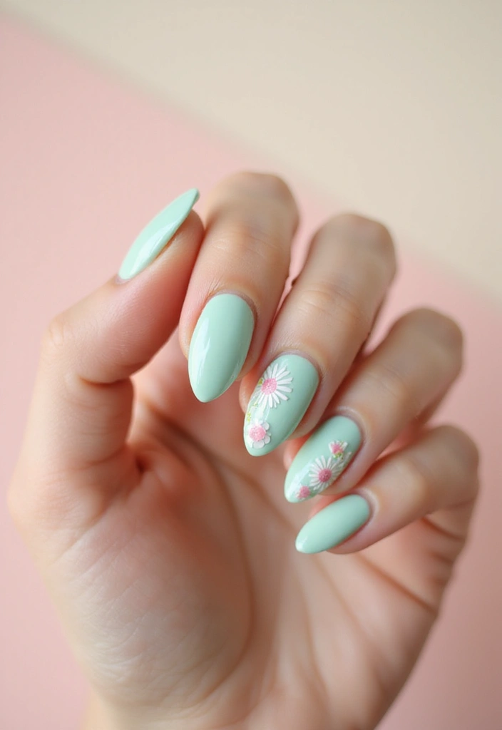30 Spring Pastel Nails for Fresh, Floral Vibes - 2. Mint Green Floral Accents
