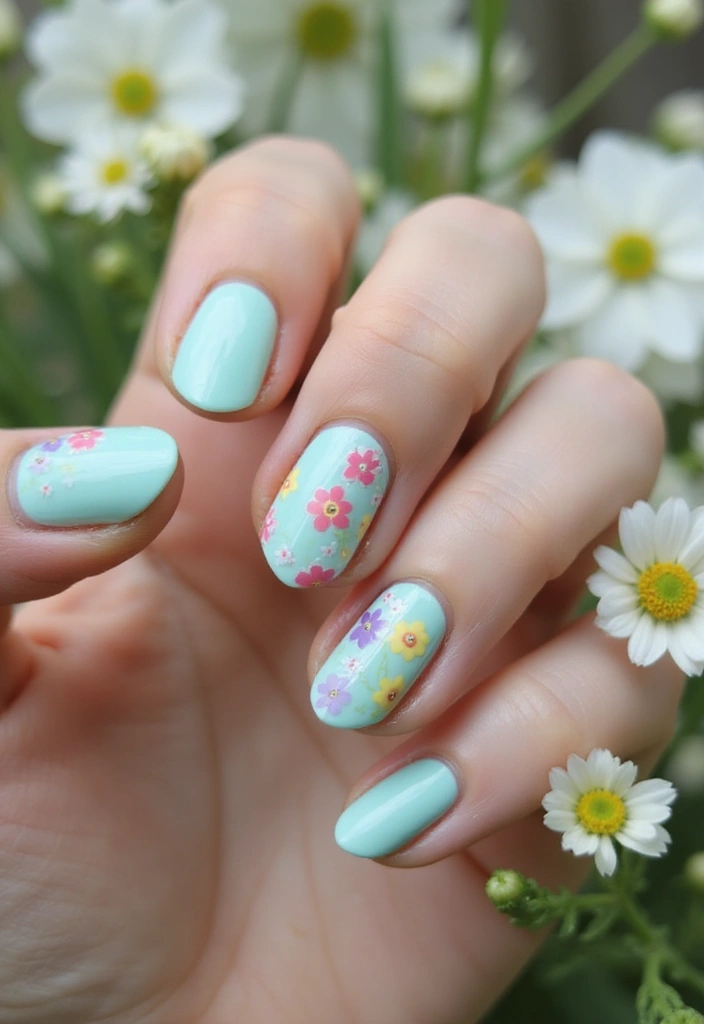 30 Spring Pastel Nails for Fresh, Floral Vibes - 21. Pale Mint with Floral Stickers