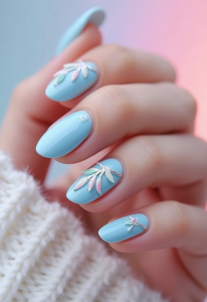 30 Spring Pastel Nails for Fresh, Floral Vibes - 24. Pale Blue with Feather Details