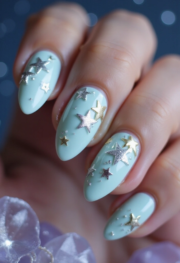 30 Spring Pastel Nails for Fresh, Floral Vibes - 26. Light Mint with Glimmering Stars