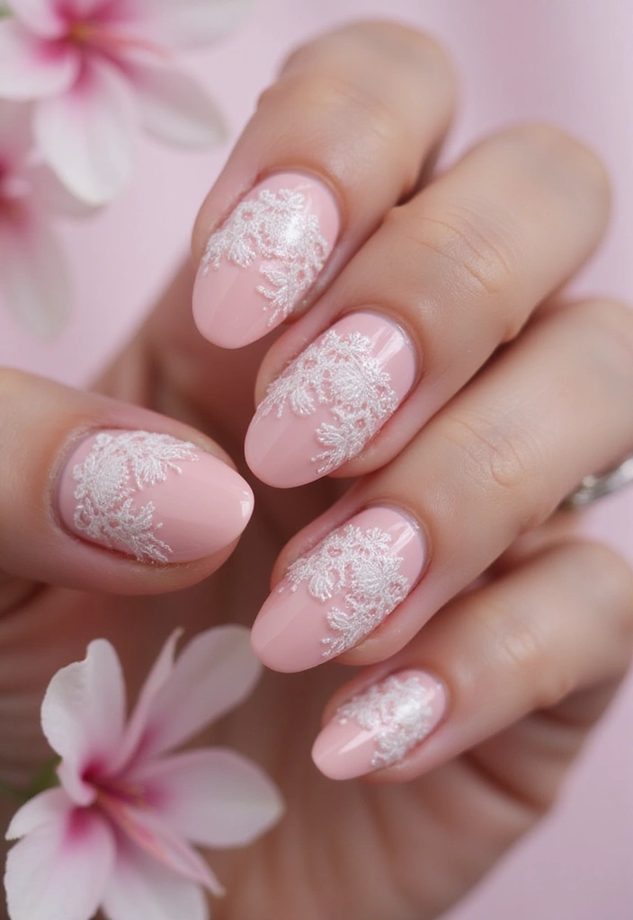 30 Spring Pastel Nails for Fresh, Floral Vibes - 27. Soft Rose with Lace Patterns