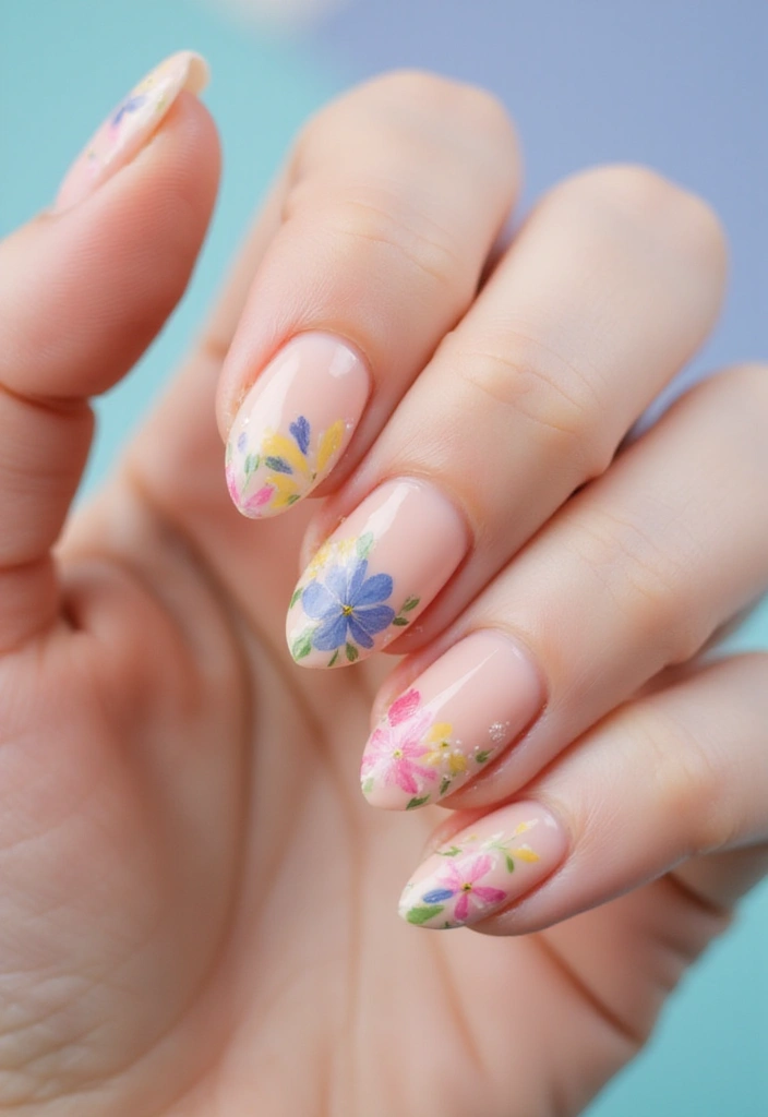 30 Spring Pastel Nails for Fresh, Floral Vibes - 28. Pale Peach with Floral Watercolor