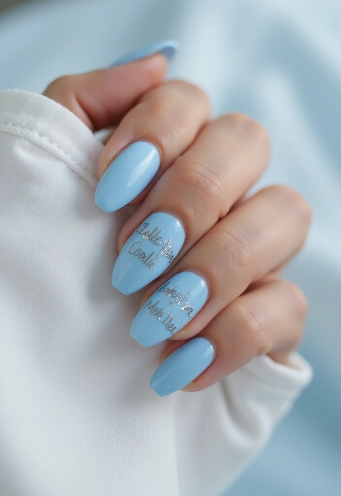 30 Spring Pastel Nails for Fresh, Floral Vibes - 29. Light Blue with Scripted Names