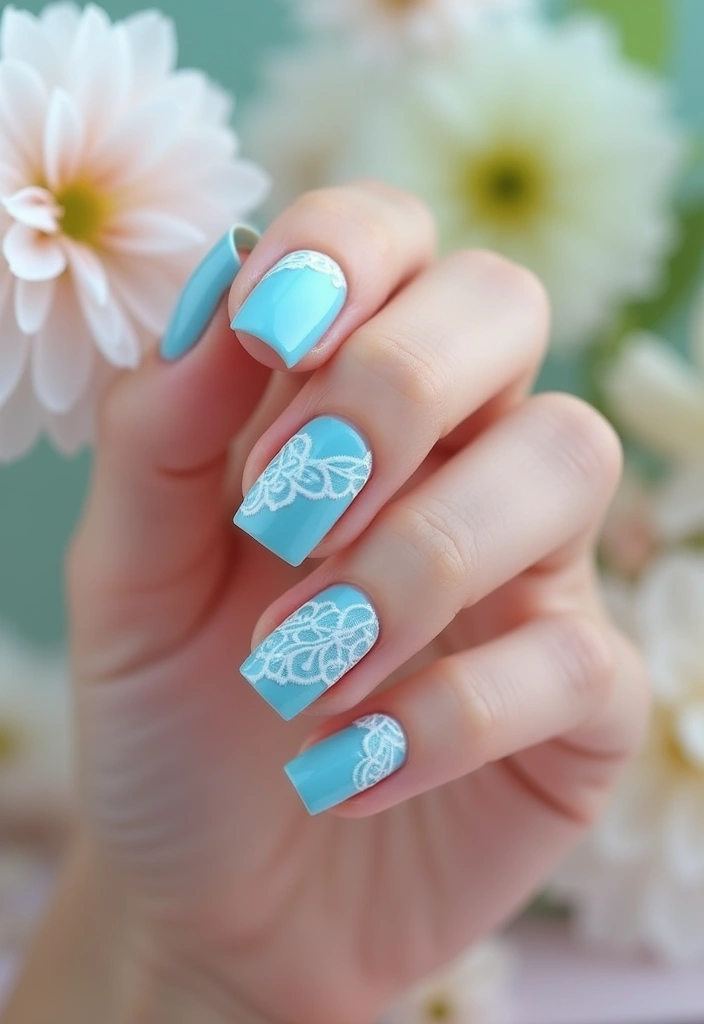 30 Spring Pastel Nails for Fresh, Floral Vibes - 4. Baby Blue with White Lace