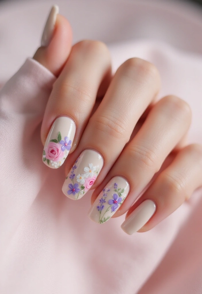 32 Soft Girl Nails with Pastels, Pearls, and Delicate Details - 11. Delicate Floral Accents