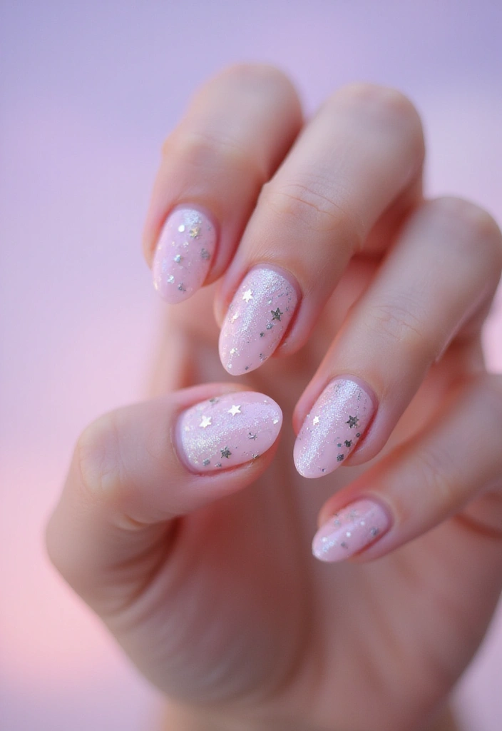 32 Soft Girl Nails with Pastels, Pearls, and Delicate Details - 23. Shimmering Starry Night