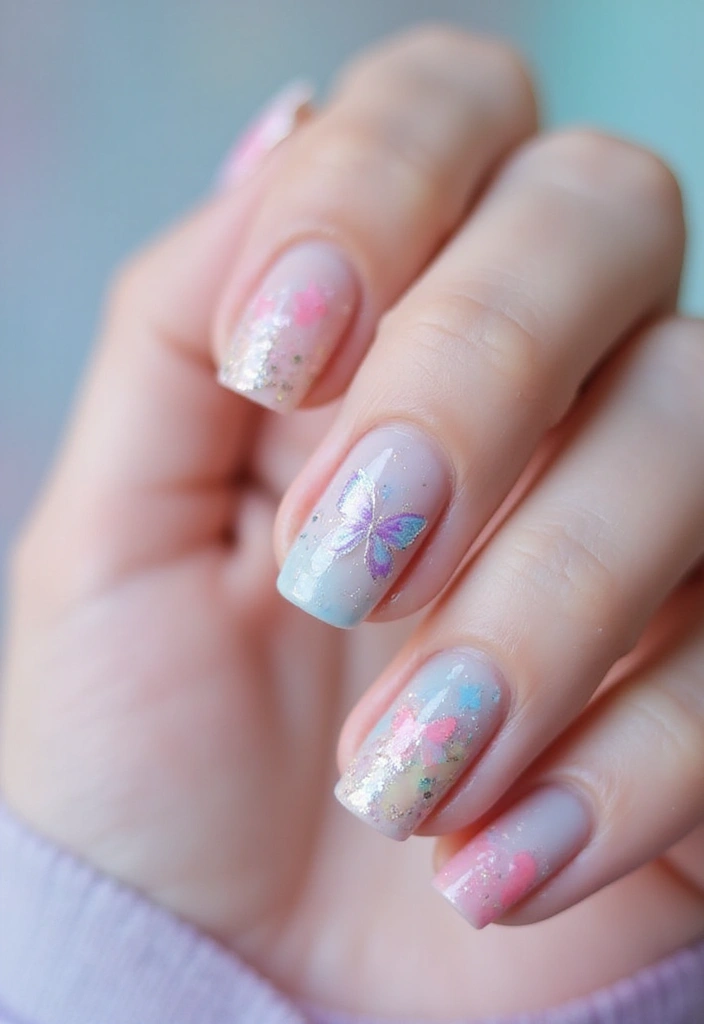 32 Soft Girl Nails with Pastels, Pearls, and Delicate Details - 28. Soft Butterfly Designs
