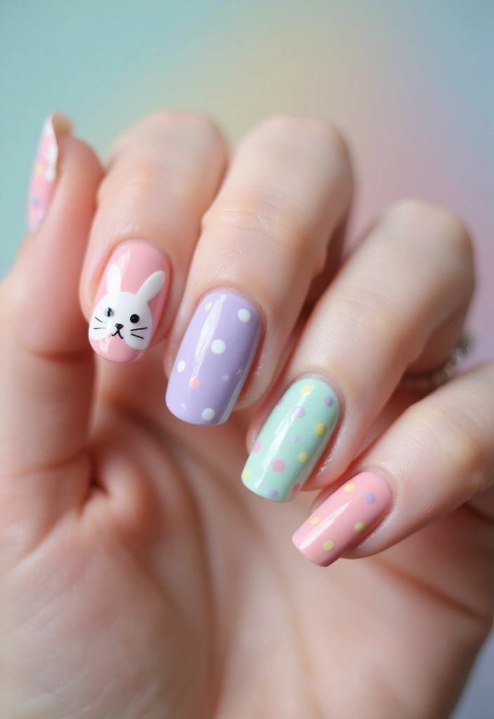 34 Easter Nail Art 2025 – Cute, Pastel & Playful - 18. Sweet Polka Dot Bunnies