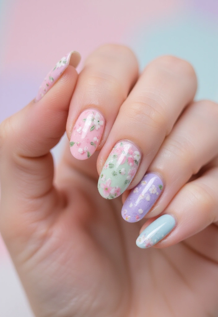 34 Easter Nail Art 2025 – Cute, Pastel & Playful - 3. Floral Pastel Patterns