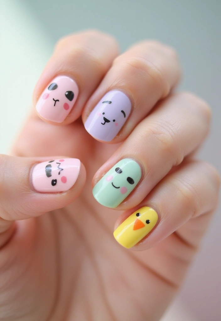 34 Easter Nail Art 2025 – Cute, Pastel & Playful - 8. Whimsical Animal Faces
