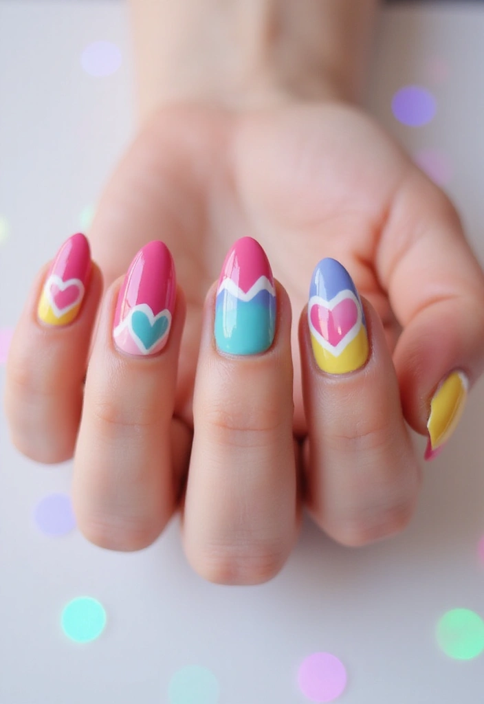 36 Coquette Nail Art Ideas with Hearts, Bows, and Feminine Flair - 19. Color Block Hearts